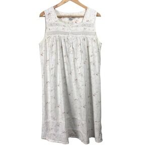 VTG Aria Floral Cotton Nightgown L Smocked Embroidered Sleeveless White Cottage